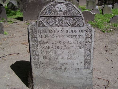 The purported grave of Mother Goose, Granary Burying Ground, Boston, Massachusetts, USA.  Source: Wikipedia user Swampyank.