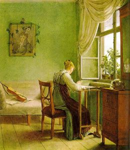 'The Girl Embroidering' Painting by Georg Friedrich Kersting - displaying the popularity of Scheele's Green, made with arsenic.